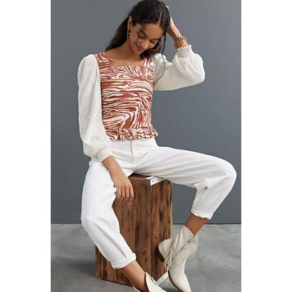 ANTHROPOLOGIE Neutral Motif Smocked Puff-Sleeve Blouse SMALL